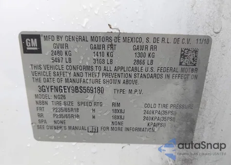 2011 Cadillac Srx Standard z USA, uszkodzony, nr VIN 3GYFNGEY9BS569180